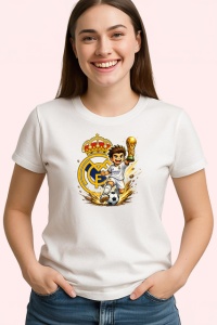 Tricou Logo Real Madrid Fotbal Minge Coroana Spania, din bumbac 100% , tricou alb pentru Copii | Dama | Barbat