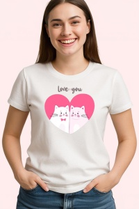 Tricou Love You Pisici Albe Inima Roz Fundal Alb, din bumbac 100% , tricou alb pentru Copii | Dama | Barbat - Img 2