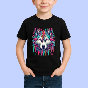 Tricou Lup alb cu ochi albastri in stil modern Copii | Dama | Barbat, culoare negru - Img 3