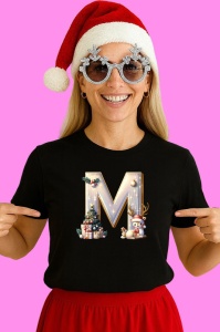 Tricou M Litere Craciun Cu Ren, Brad, Luminite Si Cadouri, din bumbac 100% Copii | Dama | Barbat