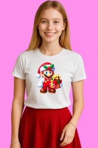Tricou Mario Cu Cadou De Craciun, din bumbac 100%, tricou alb, Copii | Dama | Barbat - Img 3