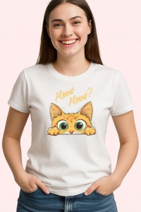 Tricou Meow Meow Pisica Portocalie Ochi Mari, din bumbac 100% , tricou alb pentru Copii | Dama | Barbat - Img 3