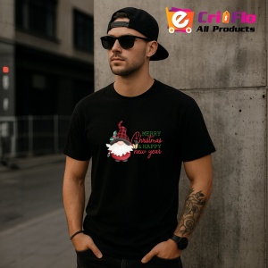 Tricou Merry Christmas Happy New Year Gnom, din bumbac 100%, tricou negru, Dama | Barbat - Img 4