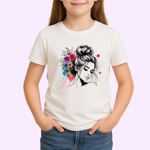Tricou messy bun girl color floral splash, fata coc lejer cu flori colorate, Copii | Dama | Barbat