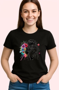 Tricou Messy bun girl color floral splash, fata coc lejer cu flori colorate, Copii | Dama | Barbat , tricou negru