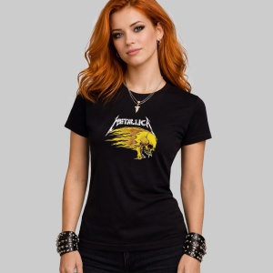 Tricou Metallica Craniu Flacari Galben, din bumbac 100%, tricou negru, Dama | Barbat - Img 2