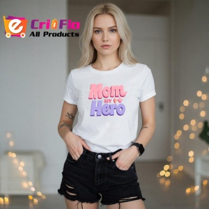 Tricou Mom My Hero Text Roz Cu Mov, din bumbac 100% , tricou alb pentru Dama - Img 2