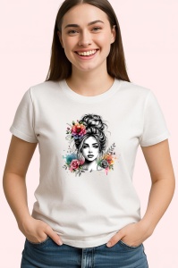 Tricou monochrome bun girl tattooed flowers, fata coc alb negru cu flori tatuate, Copii | Dama | Barbat - Img 4