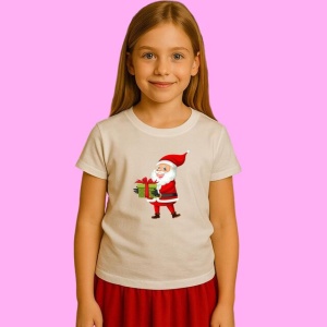 Tricou Mos Craciun Alergand Cu Cadou Rosu, din bumbac 100%, tricou alb, Copii | Dama | Barbat - Img 1
