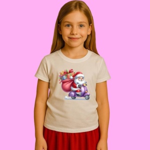 Tricou Mos Craciun Pe Scuter Roz Cu Sac Mare, din bumbac 100%, tricou alb, Copii | Dama | Barbat - Img 2