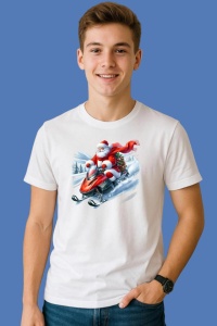 Tricou Mos Craciun Pe Snowmobil Rosu In Zapada, din bumbac 100%, tricou alb, Copii | Dama | Barbat - Img 2