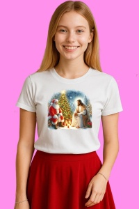 Tricou Mos Craciun Si Iisus Langa Brad Aprins, din bumbac 100%, tricou alb, Copii | Dama | Barbat - Img 3