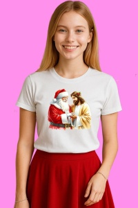 Tricou Mos Craciun Si Iisus Strangandu-Si Mainile, din bumbac 100%, tricou alb, Copii | Dama | Barbat - Img 1