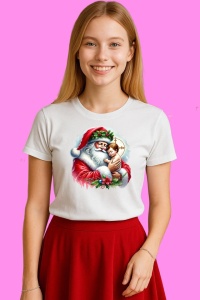 Tricou Mos Craciun Tinand Pruncul, din bumbac 100%, tricou alb, Copii | Dama | Barbat - Img 3