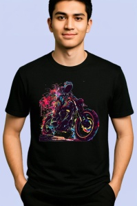 Tricou Motociclist cu vopsea stropita in fundal Copii | Dama | Barbat, culoare negru - Img 2