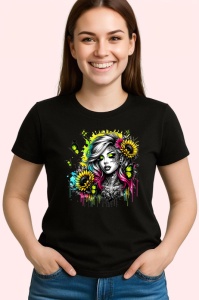 Tricou Neon eyes girl flowers tattoo, fata cu ochi neon si tatuaje florale, Copii | Dama | Barbat , tricou negru