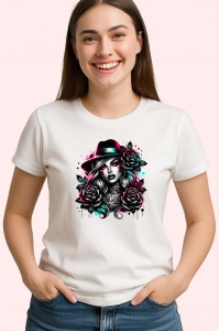 Tricou noir woman fedora hat rose tattoo, femeie stil noir cu palarie fedora si trandafiri, Copii | Dama | Barbat - Img 4