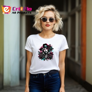Tricou noir woman fedora hat rose tattoo, femeie stil noir cu palarie fedora si trandafiri, Copii | Dama | Barbat - Img 11