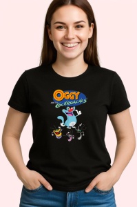 Tricou Oggy si gandacii pisica albastra intr o lupta comica cu gandaci, Copii | Dama | Barbat , tricou negru - Img 3