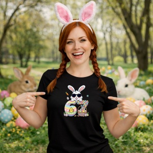 Tricou Paste 67 Iepuras Ochelari Oua Colorate Cos Easter Vibe, din bumbac 100%, tricou negru, Copii | Dama | Barbat - Img 9