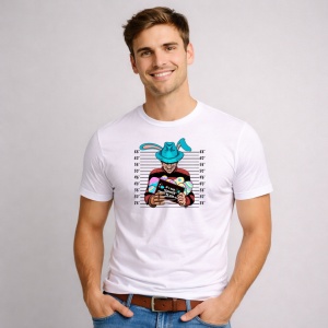 Tricou Paste Bunny Horror Mugshot Hat Funny Easter Parody, din bumbac 100%, tricou alb, Copii | Dama | Barbat - Img 2