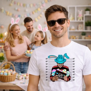 Tricou Paste Bunny Horror Mugshot Hat Funny Easter Parody, din bumbac 100%, tricou alb, Copii | Dama | Barbat - Img 7