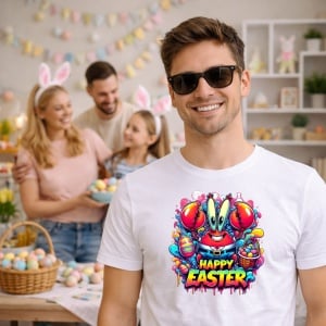 Tricou Paste Crab Happy Easter Oua Colorate Colorat Vibrant, din bumbac 100%, tricou alb, Copii | Dama | Barbat - Img 7
