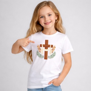 Tricou Paste Cruce Crestina Cu Frunze Simbol Paste Religios, din bumbac 100%, tricou alb, Copii | Dama | Barbat