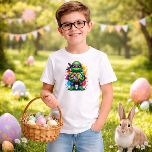 Tricou Paste Donatello Ninja Turtles Paste Oua Colorate, din bumbac 100%, tricou alb, Copii | Dama | Barbat - Img 5
