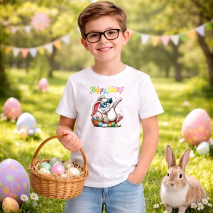 Tricou Paste Iepuras Cool Ochelari Cos Oua Happy Easter, din bumbac 100%, tricou alb, Copii | Dama | Barbat - Img 5