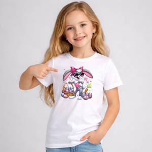 Tricou Paste Iepuras Fata Cu Fundita Cos Oua Pastel Cute, din bumbac 100%, tricou alb, Copii | Dama | Barbat - Img 2