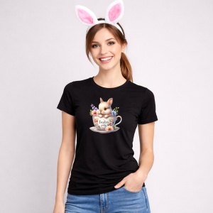 Tricou Paste Iepuras Paste Ceasca Flori Oua Colorate, din bumbac 100%, tricou negru, Copii | Dama | Barbat