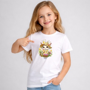 Tricou Paste Iepuras Paste Palarie Flori Cos Oua Colorate, din bumbac 100%, tricou alb, Copii | Dama | Barbat