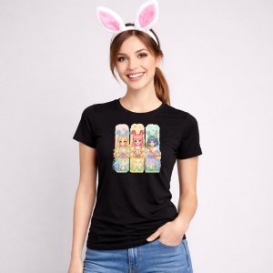 Tricou Paste Kpop Girls Iepurasi Oua Colorate Pastel, din bumbac 100%, tricou negru, Copii | Dama | Barbat - Img 3