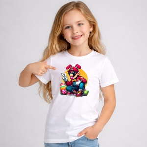 Tricou Paste Mario Street Style Iepuras Paste Oua Colorate, din bumbac 100%, tricou alb, Copii | Dama | Barbat