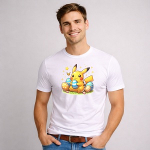 Tricou Paste Pikachu Paste Oua Colorate Iepuras Stelute, din bumbac 100%, tricou alb, Copii | Dama | Barbat - Img 2