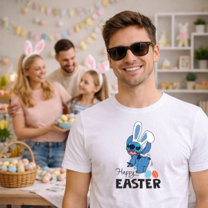 Tricou Paste Stitch Happy Easter Iepuras Oua Colorate Text, din bumbac 100%, tricou alb, Copii | Dama | Barbat - Img 7