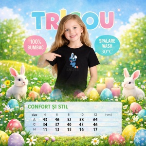 Tricou Paste Stitch Happy Easter Iepuras Oua Colorate Text, din bumbac 100%, tricou negru, Copii | Dama | Barbat - Img 4