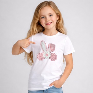 Tricou Paste Urechi Iepuras Cu Flori Roz Pastel Decor, din bumbac 100%, tricou alb, Copii | Dama | Barbat - Img 2