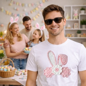 Tricou Paste Urechi Iepuras Cu Flori Roz Pastel Decor, din bumbac 100%, tricou alb, Copii | Dama | Barbat - Img 7