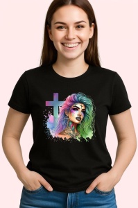 Tricou Pastel cross girl intense look, fata cu cruce pastel si privire intensa, Copii | Dama | Barbat , tricou negru - Img 3