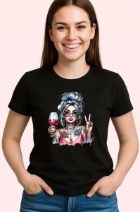 Tricou Peace sign wine stylish girl, fata stilata cu vin si semnul pacii, Copii | Dama | Barbat , tricou negru - Img 3