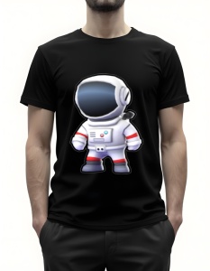 Bărbat purtând un tricou negru cu un design grafic reprezentând un astronaut stilizat, purtând un costum spațial alb cu detalii roșii și vizor negru.