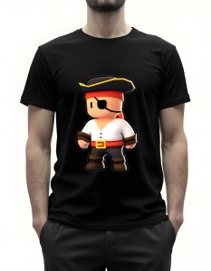 Bărbat purtând un tricou negru cu un design grafic reprezentând un pirat stilizat, purtând pălărie neagră cu margini galbene, bandană roșie, un plasture la ochi, cămașă albă și centură cu cataramă aurie.