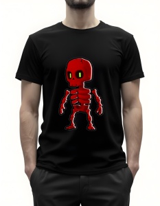 Bărbat purtând un tricou negru cu un design grafic reprezentând un personaj simpatic îmbrăcat într-un kimono tradițional albastru închis, decorat cu flori roz, având părul blond și un accesoriu roșu în păr.