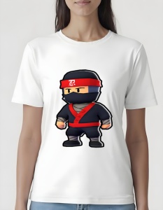 Tricou alb cu un design colorat care înfățișează un personaj stilizat din Stumble Guys îmbrăcat ca un ninja, purtând un costum negru, bandană roșie cu simboluri asiatice și detalii roșii pe tunică.