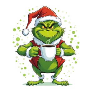 Grinch imbracat in Mos Craciun savurandu-si cafeaua