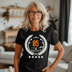 Femeie care poartă un tricou negru personalizat cu mesajul: ''85 ani de excelenta''