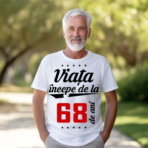 Bărbat în vârstă cu barbă albă, zâmbitor, purtând un tricou alb cu mesajul 'Viața începe de la 68 de ani', stând într-un parc luminat de soare.