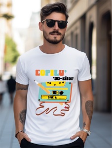 Un bărbat purtând un tricou alb cu un design nostalgic inspirat de anii '90, ce prezintă o casetă audio și un creion, alături de textul 'Copilu' 90-tilor', evocând amintiri din copilăria acelei perioade.